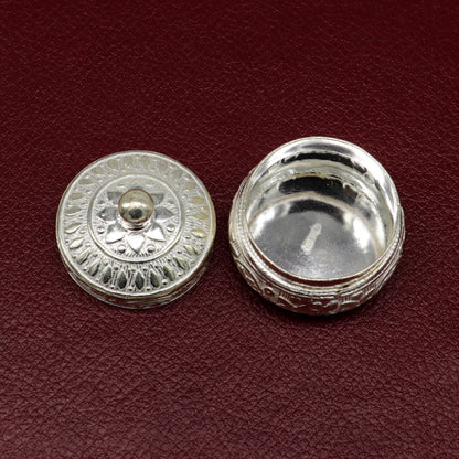 Handmade 925 sterling silver antique bride's eyes kajal and surma box with intricate tribal design, small trinket storage.