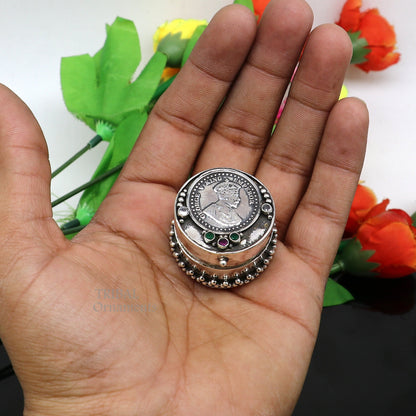 925 sterling silver unique George V coin trinket box, tribal ornaments with intricate design, perfect for jewelry or brides gift.