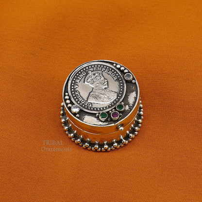 925 sterling silver George V coin trinket box by TRIBAL ORNAMENTS, with intricate design, used for jewelry, cosmetics, or gifts.
