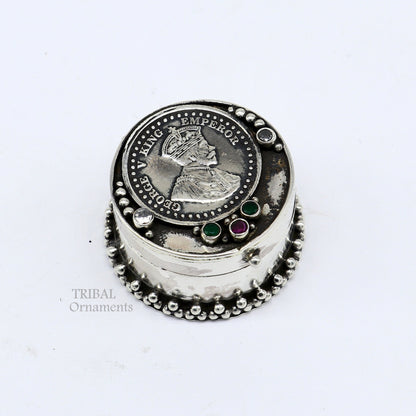 925 sterling silver George V coin trinket box with unique design, decorative jewelry storage for brides or gifts.