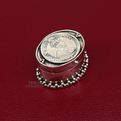 925 silver George V coin trinket box with intricate design, ideal for jewelry, cosmetics, or bridal gift storage.