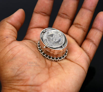925 sterling silver George V coin trinket box with unique design, ideal for jewelry, cosmetics, or brides' gifts, by TRIBAL ORNAMENTS.