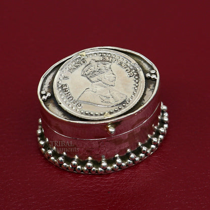 925 sterling silver George V emperor coin trinket and jewelry box, decorative tribal design, ideal for brides' Sindur and kajal storage