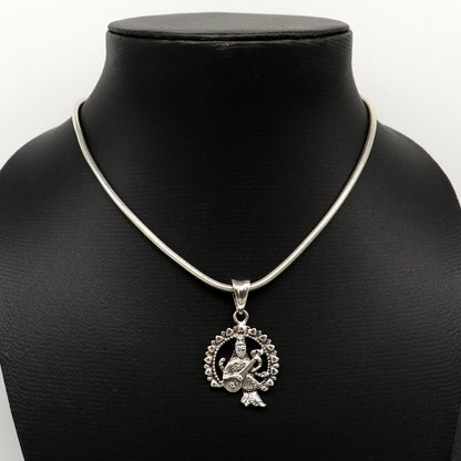 925 sterling silver Goddess Saraswati pendant with intricate tribal design, personalized jewelry featuring Sharda Mataji charm.