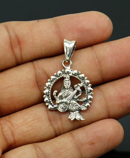 925 sterling silver Goddess Saraswati pendant featuring intricate tribal design, personalized jewelry with Sharda Mataji motif.