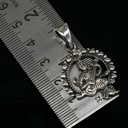 925 sterling silver Goddess Saraswati pendant with intricate tribal design, personalized jewelry featuring Sharda Mataji motif.