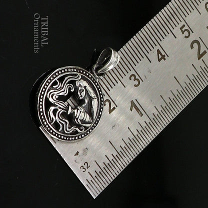 925 sterling silver Aquarius zodiac pendant featuring the Kumbh Rashi symbol, ethnic horoscope jewelry by TRIBAL ORNAMENTS.