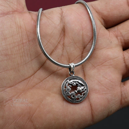 925 sterling silver Aquarius zodiac pendant featuring the Kumbh Rashi symbol, tribal-inspired horoscope jewelry.