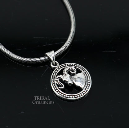 925 sterling silver Aries zodiac pendant featuring a mesh Rashi symbol, tribal-inspired ethnic jewelry design.