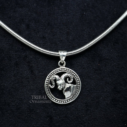 Sterling silver Aries zodiac pendant featuring tribal-inspired mesh design, showcasing horoscope symbol jewelry.
