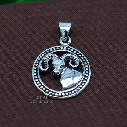 925 sterling silver Aries zodiac pendant with mesh Rashi symbol, tribal-inspired jewelry, unique horoscope astrology pendant.