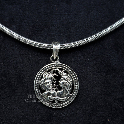 Sterling silver Gemini zodiac pendant featuring Mithun Rashi symbol, ethnic horoscope jewelry by Tribal Ornaments.