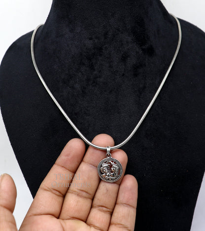 Sterling silver Gemini zodiac pendant with Mithun Rashi symbol, ethnic horoscope jewelry, detailed tribal design, tribal ornaments.