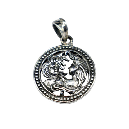 925 sterling silver Gemini zodiac sign pendant featuring Mithun Rashi symbol, tribal-style horoscope jewelry.