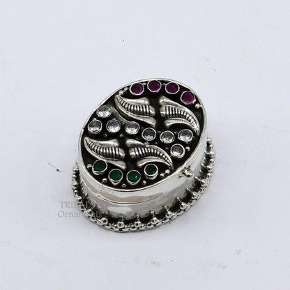 Sterling silver trinket box with stone work, designed for kajal, sindur, or brides’ gifts, by TRIBAL ORNAMENTS.