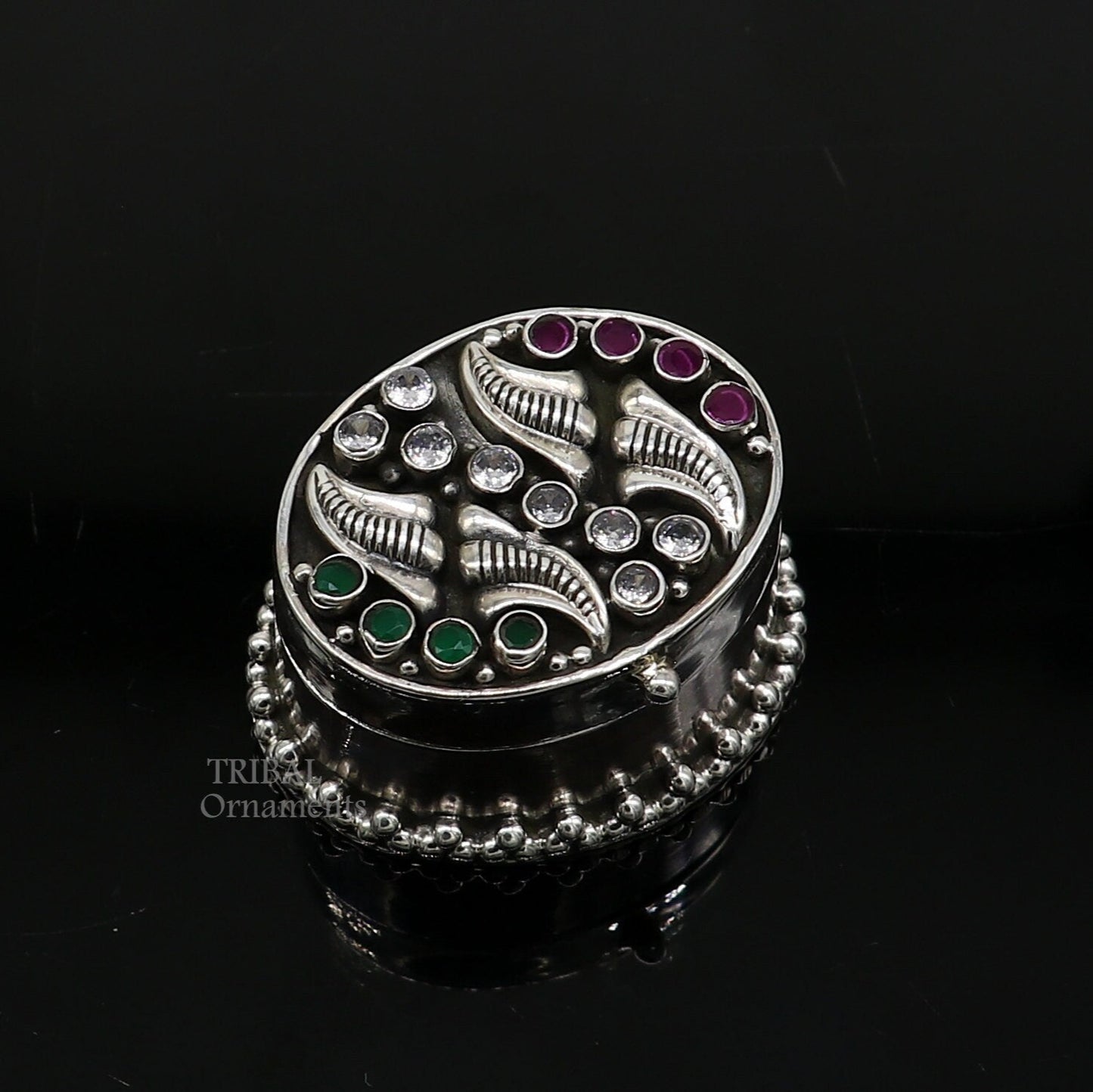 925 sterling silver trinket box with unique stone work, designed for kajal, sindur, or jewelry storage, by TRIBAL ORNAMENTS.