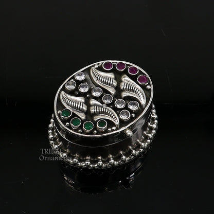 925 sterling silver trinket box with unique stone work, designed for kajal, sindur, or jewelry storage, by TRIBAL ORNAMENTS.