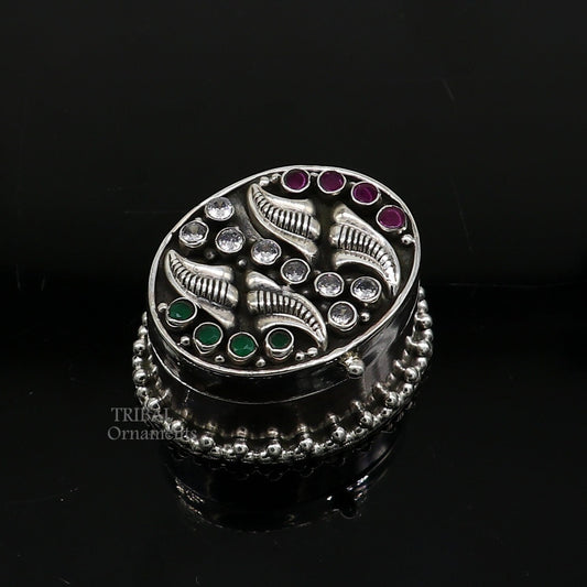 925 sterling silver unique design stone work trinket box, kajal eyeliner box, Sindur box brides gift silver box stb749 - TRIBAL ORNAMENTS