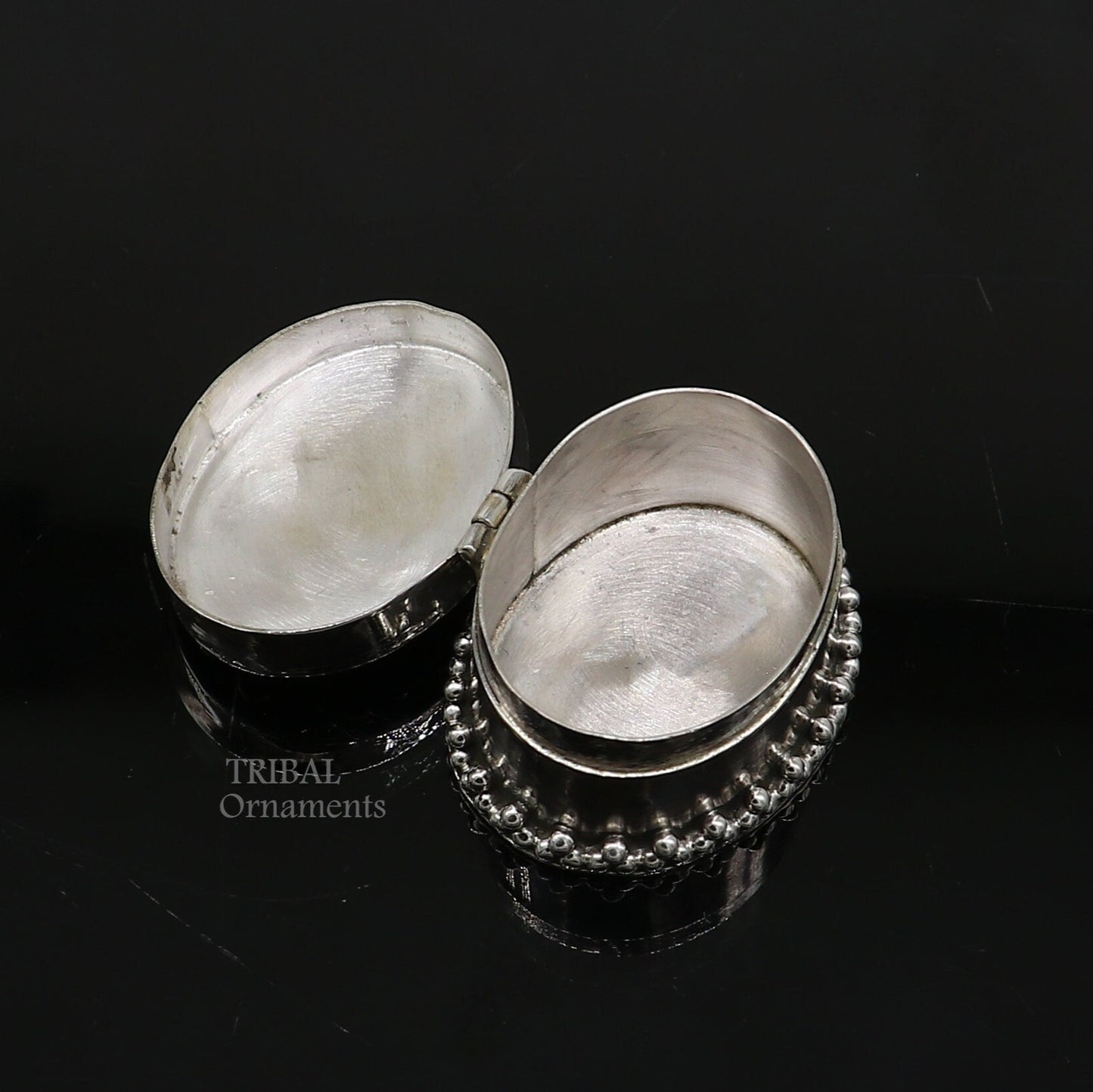 925 sterling silver trinket box with unique stone work, ideal for kajal eyeliner, sindur, or bridal jewelry storage by TRIBAL ORNAMENTS.