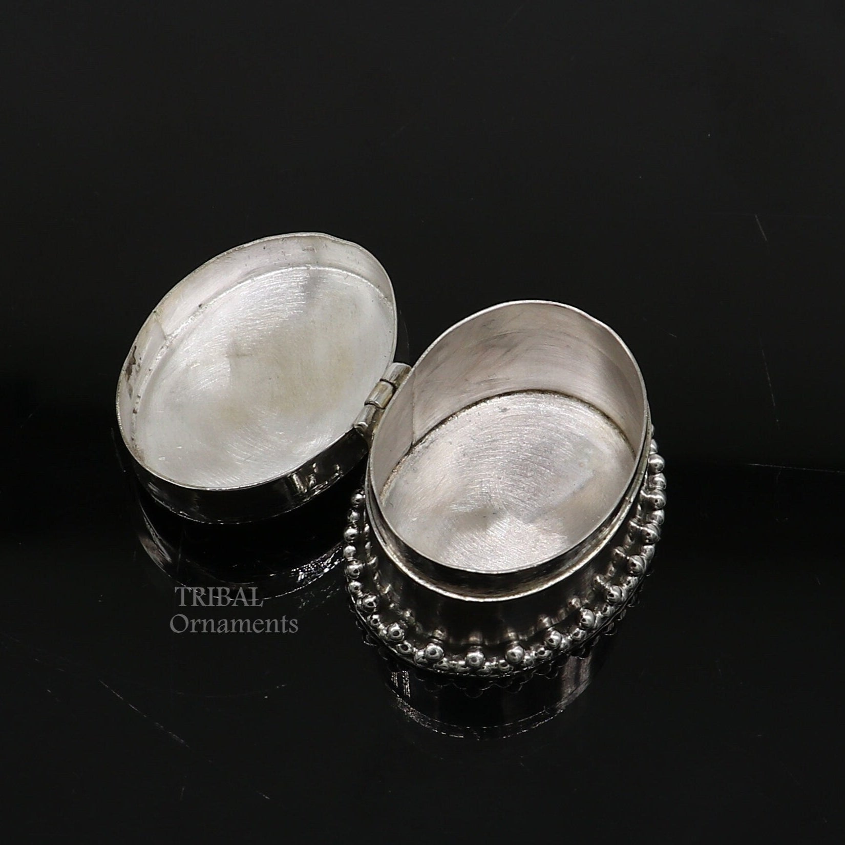 925 sterling silver trinket box with unique stone work, ideal for kajal eyeliner, sindur, or bridal jewelry storage by TRIBAL ORNAMENTS.