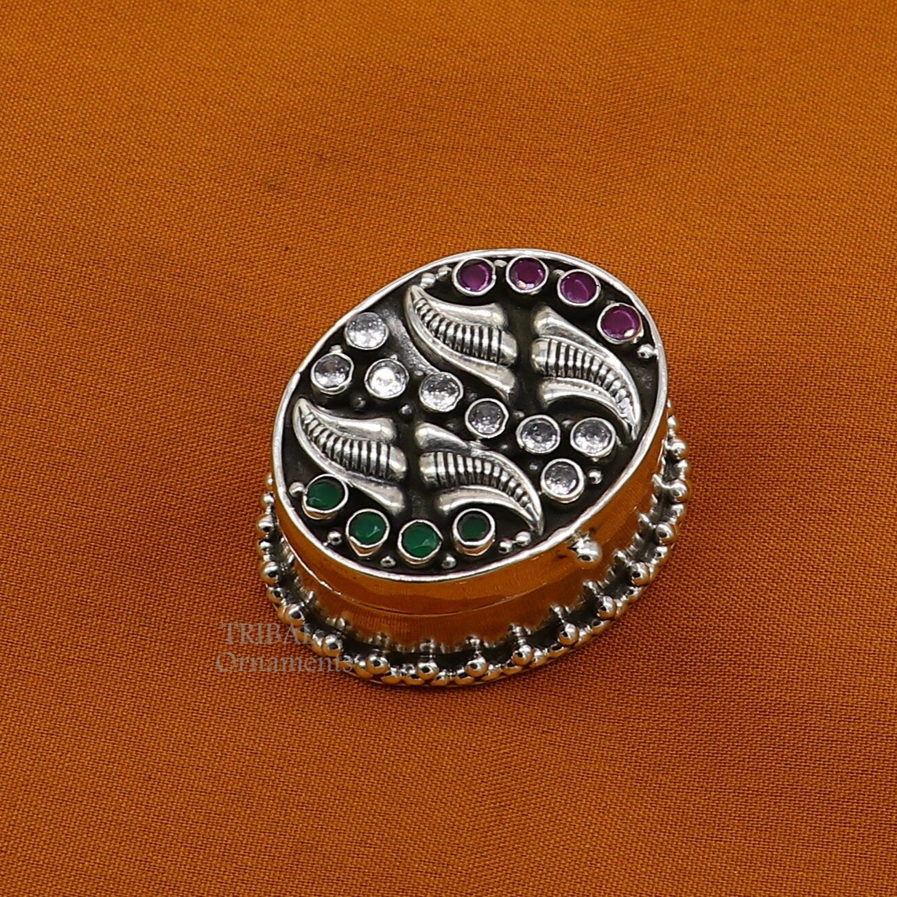 925 sterling silver trinket box with unique stone work, suitable for kajal, sindur, or bridal gift, by TRIBAL ORNAMENTS.