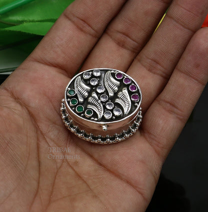 925 sterling silver trinket box with unique stone design, ideal for kajal, sindur, or brides gift, by TRIBAL ORNAMENTS.