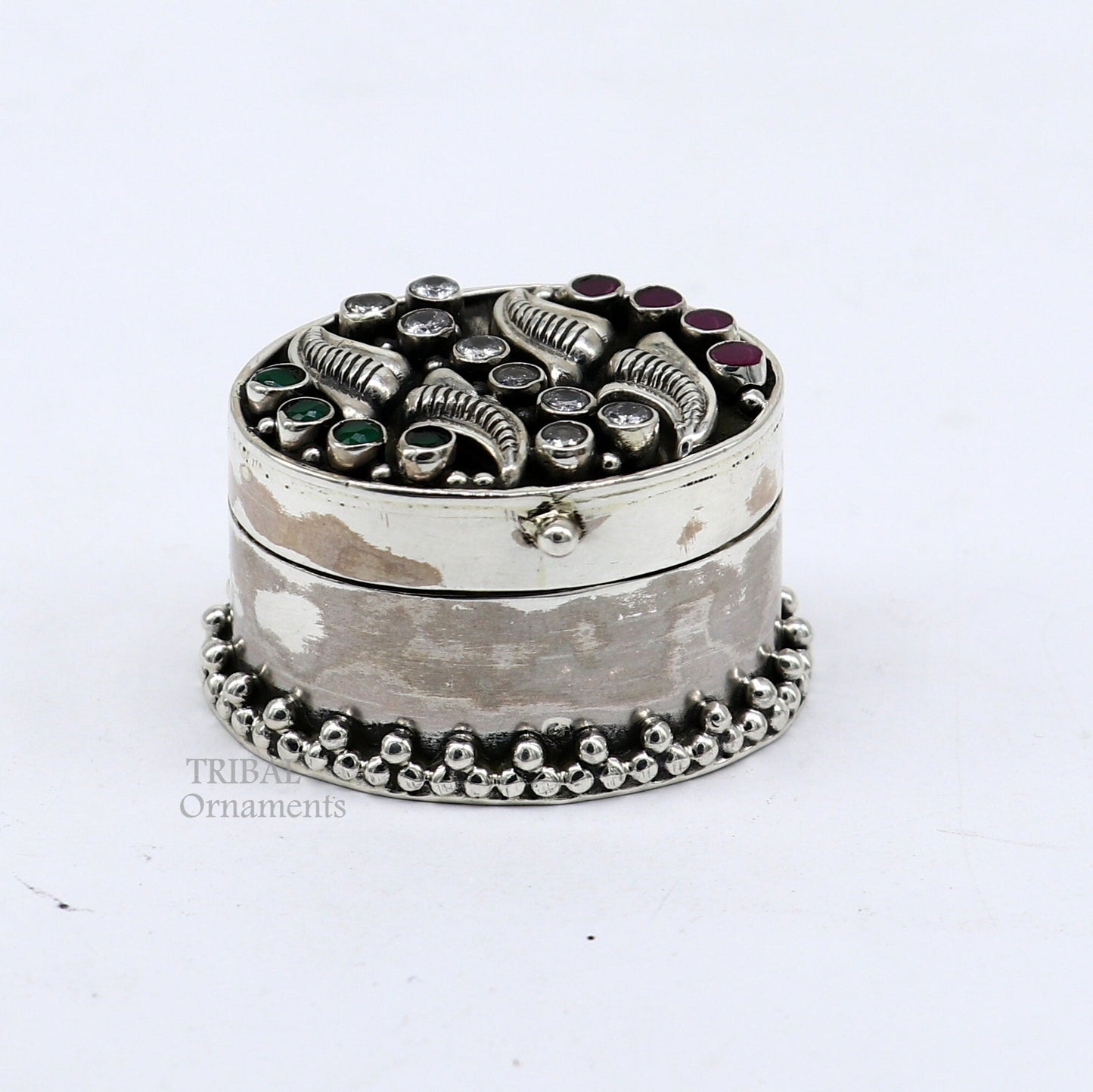 925 sterling silver tribal ornament trinket box with stone work, ideal for kajal, sindur, or bridal gift storage.