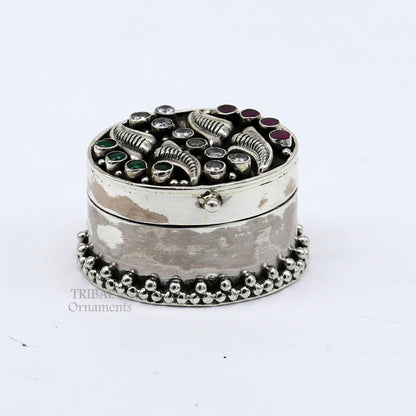 925 sterling silver tribal ornament trinket box with stone work, ideal for kajal, sindur, or bridal gift storage.