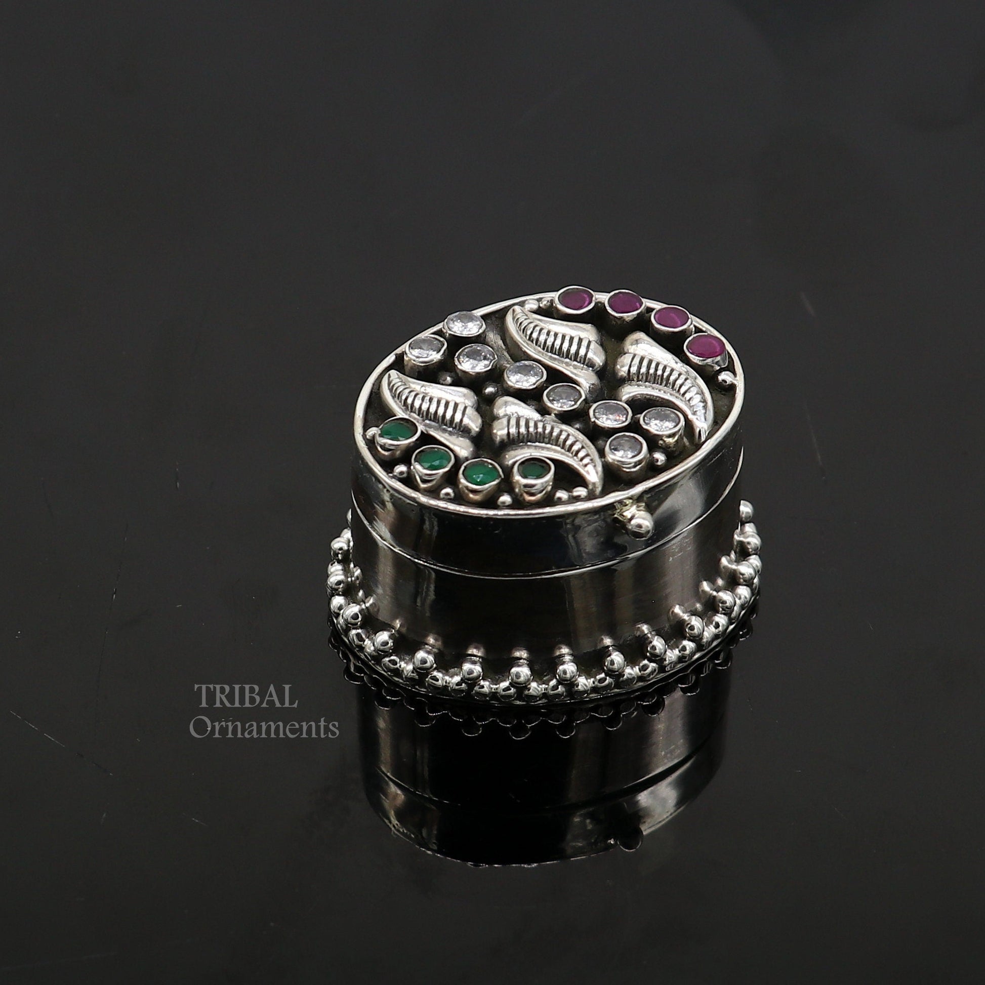 925 sterling silver trinket box with unique stonework, used as kajal eyeliner or sindur box, crafted by TRIBAL ORNAMENTS.