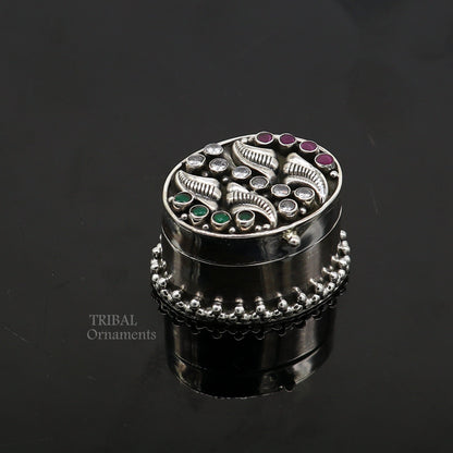 925 sterling silver trinket box with unique stonework, used as kajal eyeliner or sindur box, crafted by TRIBAL ORNAMENTS.