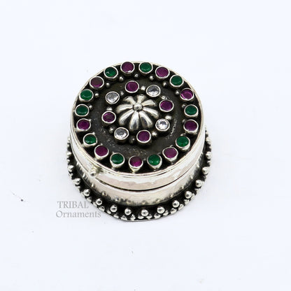925 sterling silver trinket box with unique stone work, designed for kajal, sindur, and jewelry storage, by TRIBAL ORNAMENTS.