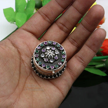 925 sterling silver trinket box with stone work, designed for kajal, sindur, or brides' gifts, by TRIBAL ORNAMENTS.