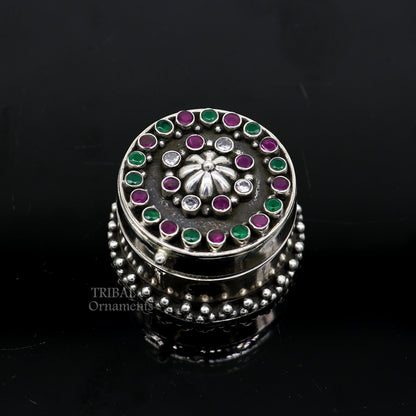 925 sterling silver trinket box with intricate stone work, ideal for jewelry, kajal eyeliner, or sindur storage by TRIBAL ORNAMENTS.