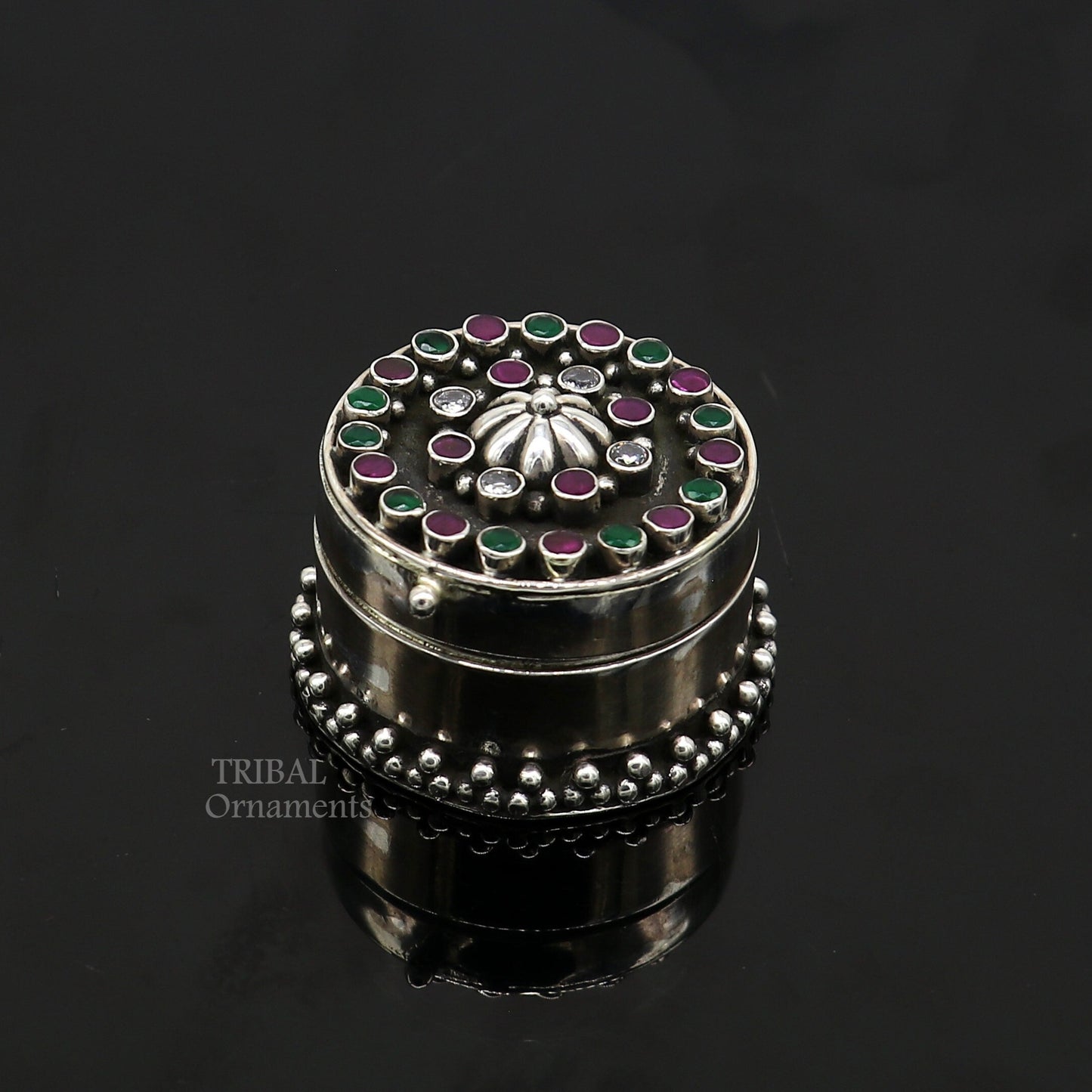 925 sterling silver unique design stone work trinket box, kajal eyeliner box, Sindur box brides gift silver box stb750 - TRIBAL ORNAMENTS