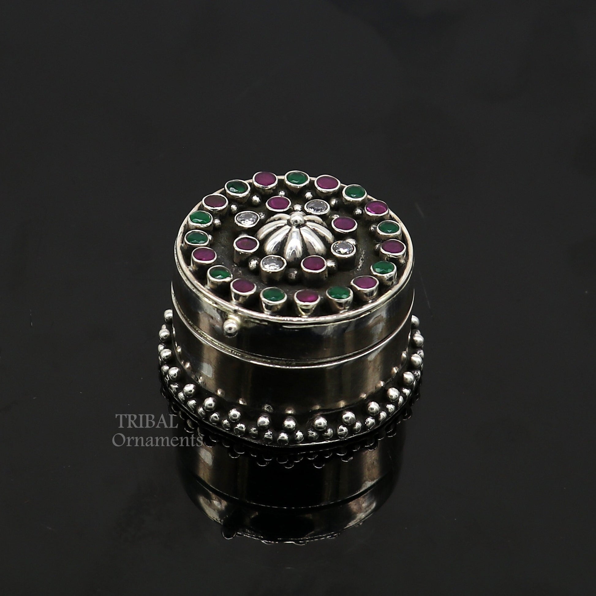 925 sterling silver unique design stone work trinket box, kajal eyeliner box, Sindur box brides gift silver box stb750 - TRIBAL ORNAMENTS