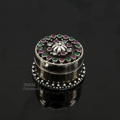 925 silver trinket box with intricate stone design, ideal for jewelry, kajal, sindur, or brides gift by TRIBAL ORNAMENTS