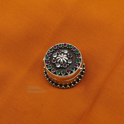 925 sterling silver trinket box with unique stone work, designed for kajal, sindur, or brides' gifts, by TRIBAL ORNAMENTS.