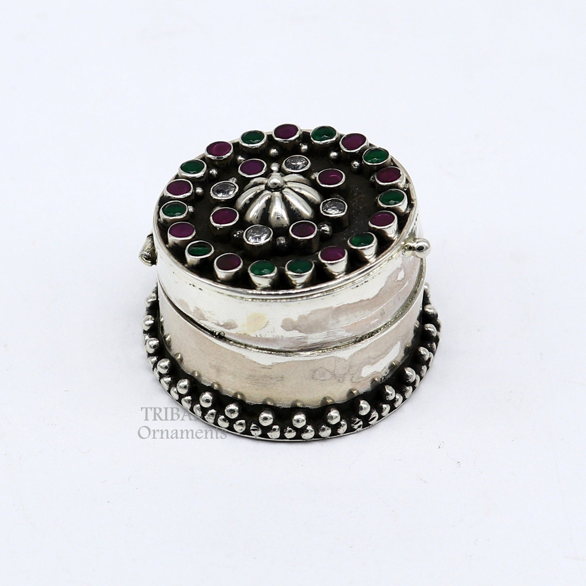 925 sterling silver unique design stone work trinket box, kajal eyeliner box, Sindur box brides gift silver box stb750 - TRIBAL ORNAMENTS