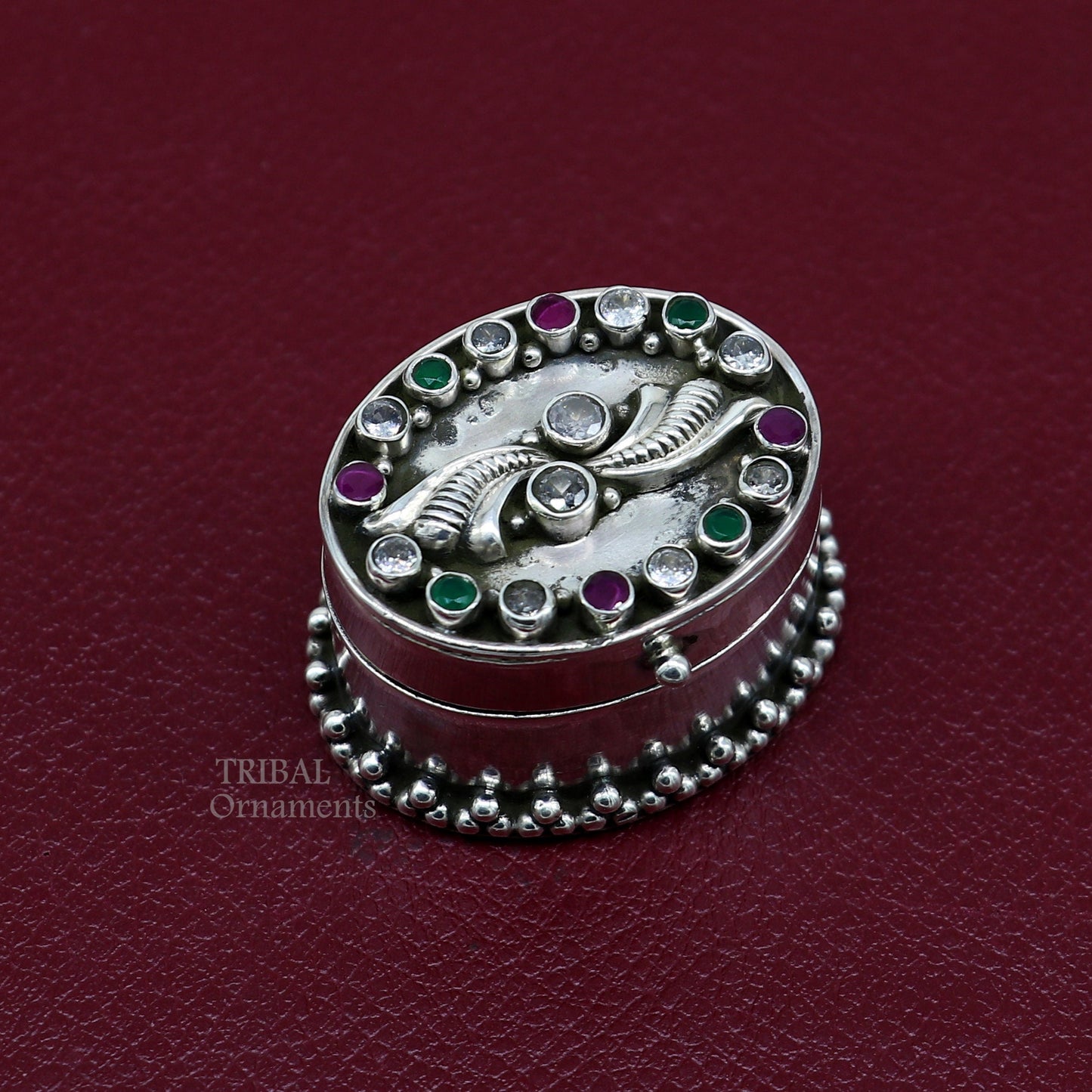 925 sterling silver trinket box with unique stone work, designed for kajal eyeliner and sindur storage, ideal for brides.