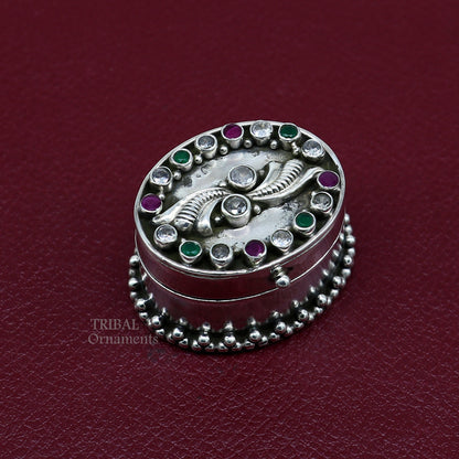 925 sterling silver trinket box with unique stone work, designed for kajal eyeliner and sindur storage, ideal for brides.