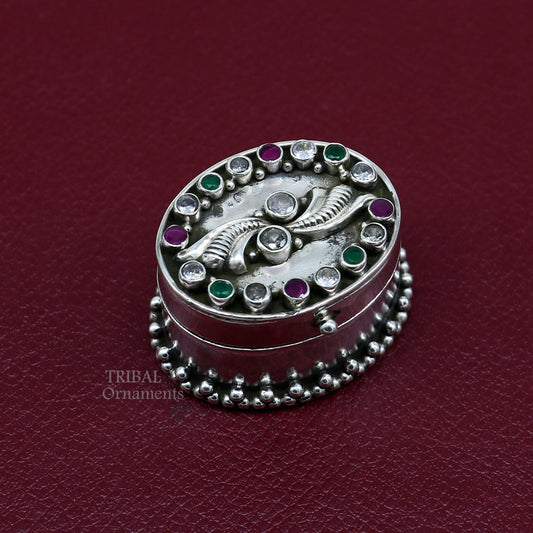 925 sterling silver unique design stone work trinket box, kajal eyeliner box, Sindur box brides gift silver box stb752 - TRIBAL ORNAMENTS