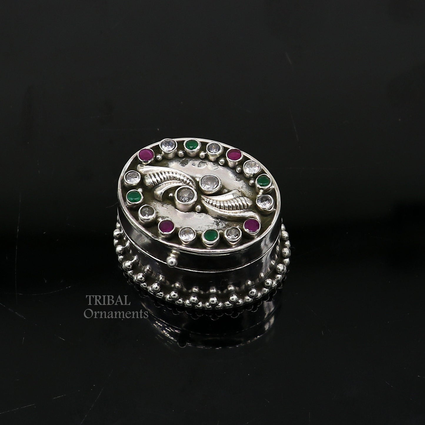 925 sterling silver trinket box with unique stone work, Kajal eyeliner and Sindur storage, handcrafted bridal gift by TRIBAL ORNAMENTS