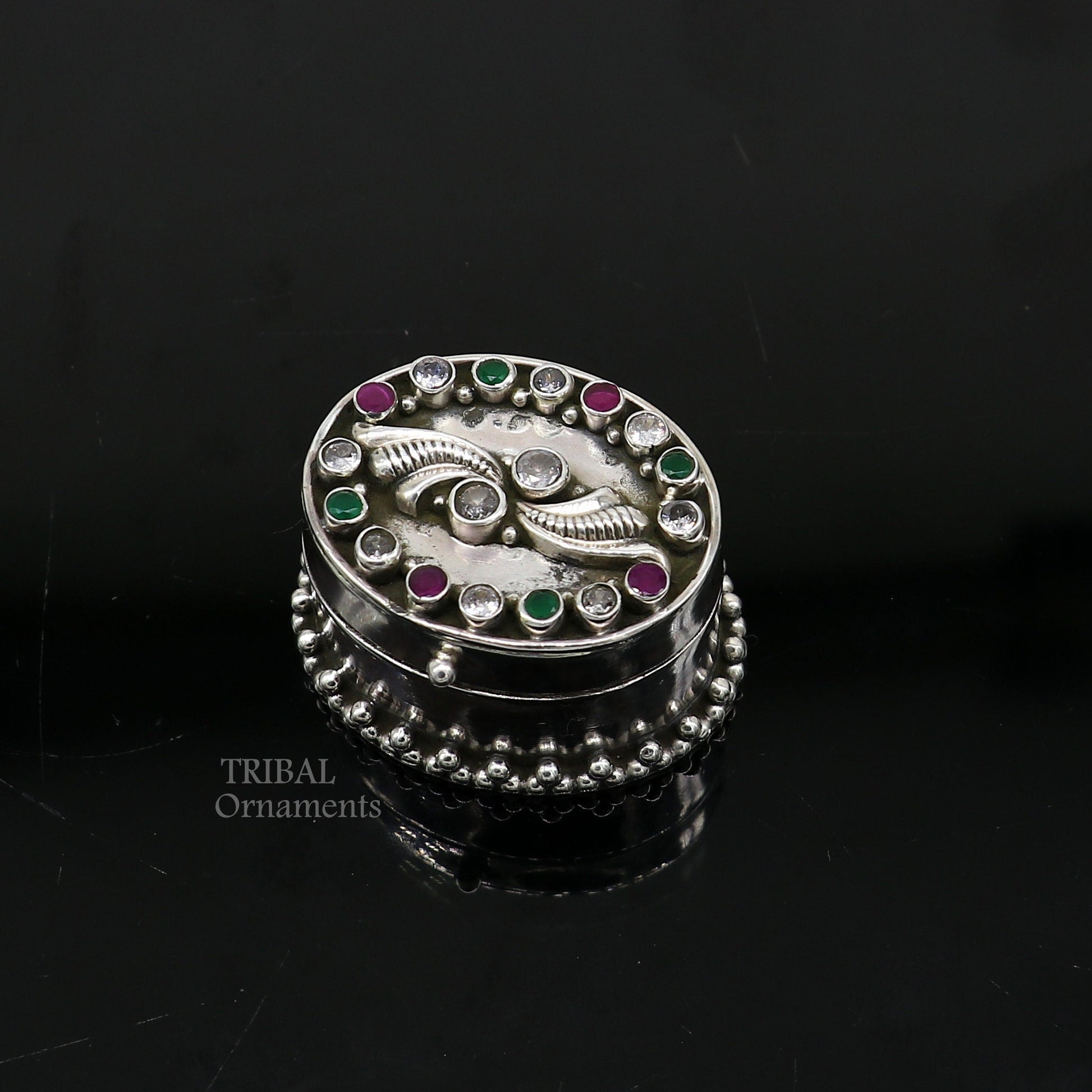 925 sterling silver trinket box with unique stone work, Kajal eyeliner and Sindur storage, handcrafted bridal gift by TRIBAL ORNAMENTS