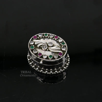 925 sterling silver trinket box with unique stone work, Kajal eyeliner and Sindur storage, handcrafted bridal gift by TRIBAL ORNAMENTS