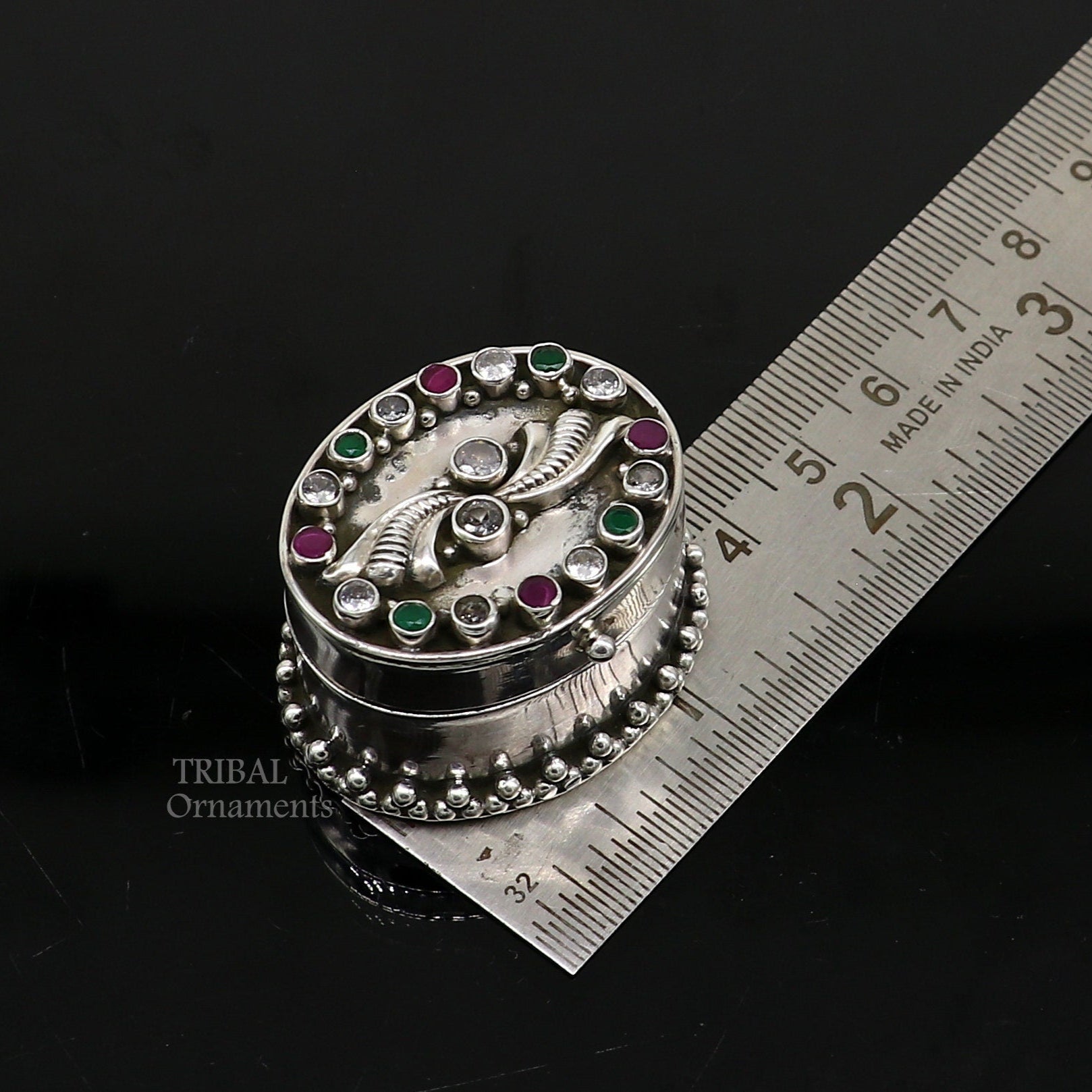 925 sterling silver trinket box with stone work, designed for kajal, sindur, or jewelry storage, by TRIBAL ORNAMENTS.