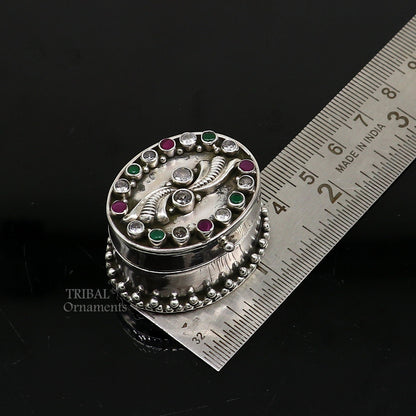 925 sterling silver trinket box with stone work, designed for kajal, sindur, or jewelry storage, by TRIBAL ORNAMENTS.