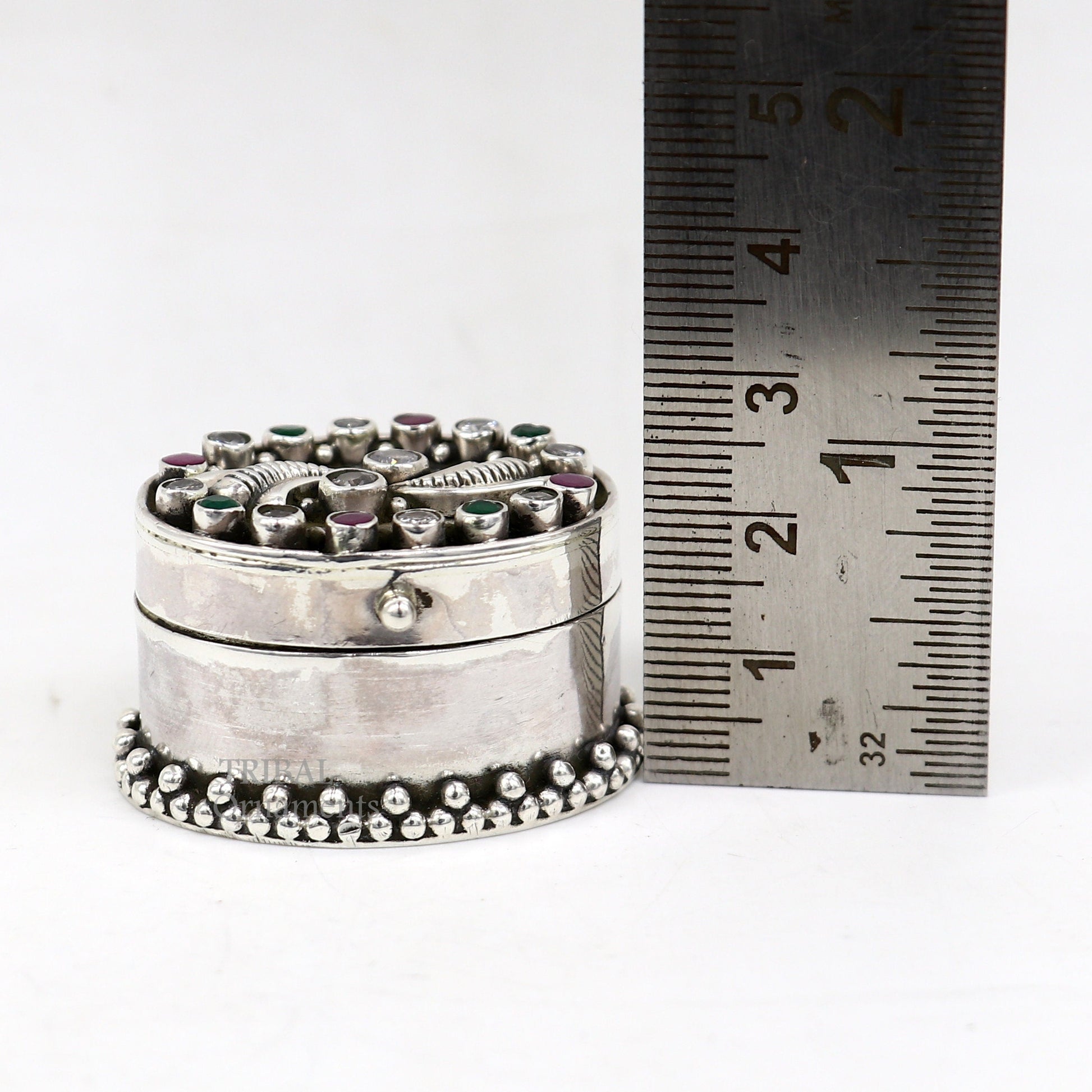 925 sterling silver trinket box with unique stone work, designed for kajal, sindur, or jewelry storage by TRIBAL ORNAMENTS.