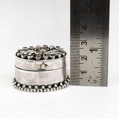925 sterling silver trinket box with unique stone work, designed for kajal, sindur, or jewelry storage by TRIBAL ORNAMENTS.