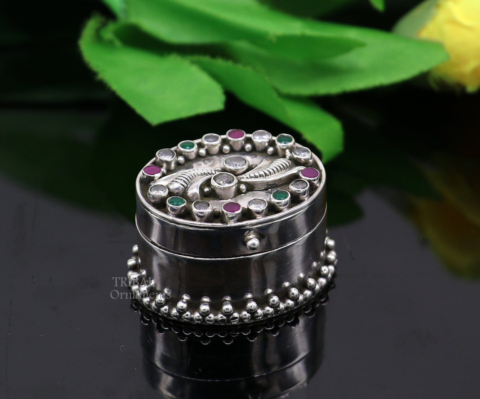925 sterling silver trinket box with unique stone work, traditional kajal eyeliner and sindur storage, bridal gift by TRIBAL ORNAMENTS