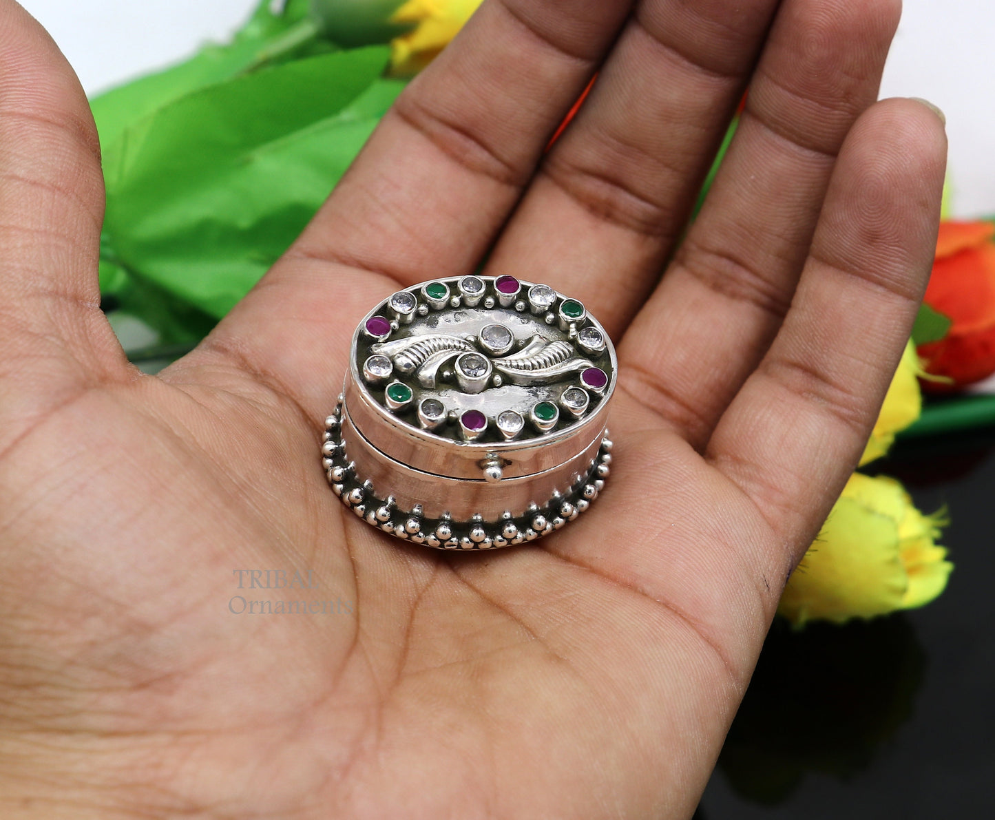 925 sterling silver trinket box with unique stone work, ideal for kajal eyeliner, sindur, or brides gift by TRIBAL ORNAMENTS.